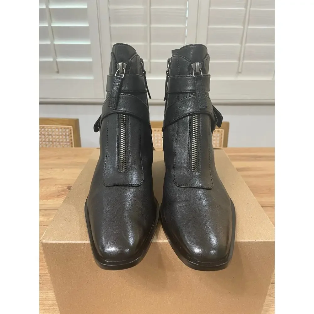 Linea Paolo Valona Ankle Boots Black Leather Size 7 NWOB Stack Heel Strappy